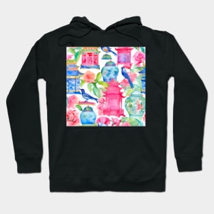 Pagodas, birds and chinoiserie jars in preppy colors Hoodie